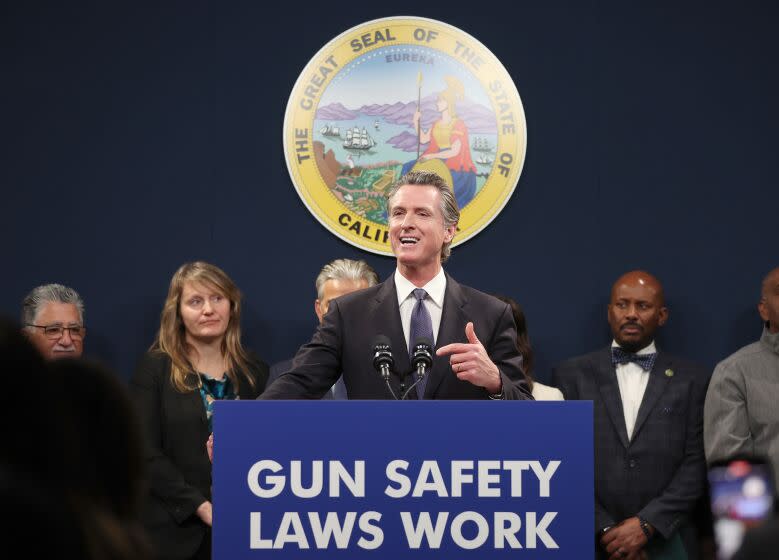 SACRAMENTO, CALIFORNIA - FEBRUARY 01: California Gov. Gavin Newsom speaks during a press conference on February 01, 2023 in Sacramento, California. California Gov. Gavin Newsom, state Attorney General Rob Bonta, state Senator Anthony Portantino (D-Burbank) and other state leaders announced SB2 - a new gun safety legislation that would establish stricter standards for Concealed Carry Weapon (CCW) permits to carry a firearm in public. The bill designates "sensitive areas," like bars, amusement parks and child daycare centers where guns would not be allowed. (Photo by Justin Sullivan/Getty Images)