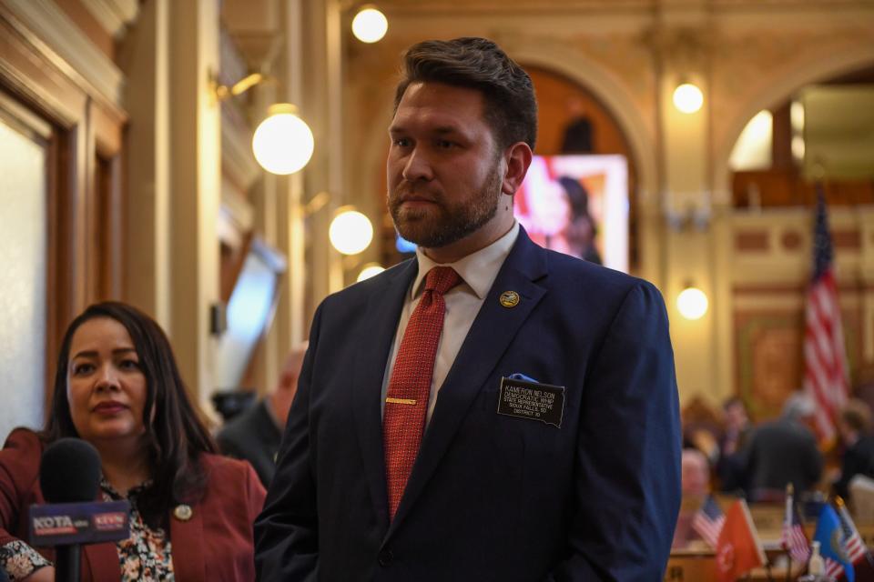 District 10 Representative Kameron Nelson talks to press after Gov. Kristi Noem's budget address on Tuesday, Dec. 5, 2023 at the South Dakota State Capitol in Pierre.