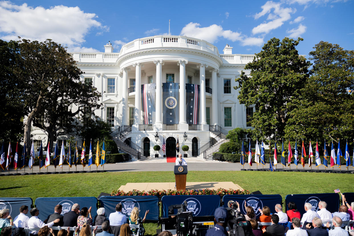 Washington DC, USA- September 13th: President Joe Biden speaks on the South Lawn of the White House in Washington, DC during a celebration of the Inflation Reduction Act on September 13th, 2022. (Photo by Nathan Posner/Anadolu Agency via Getty Images)