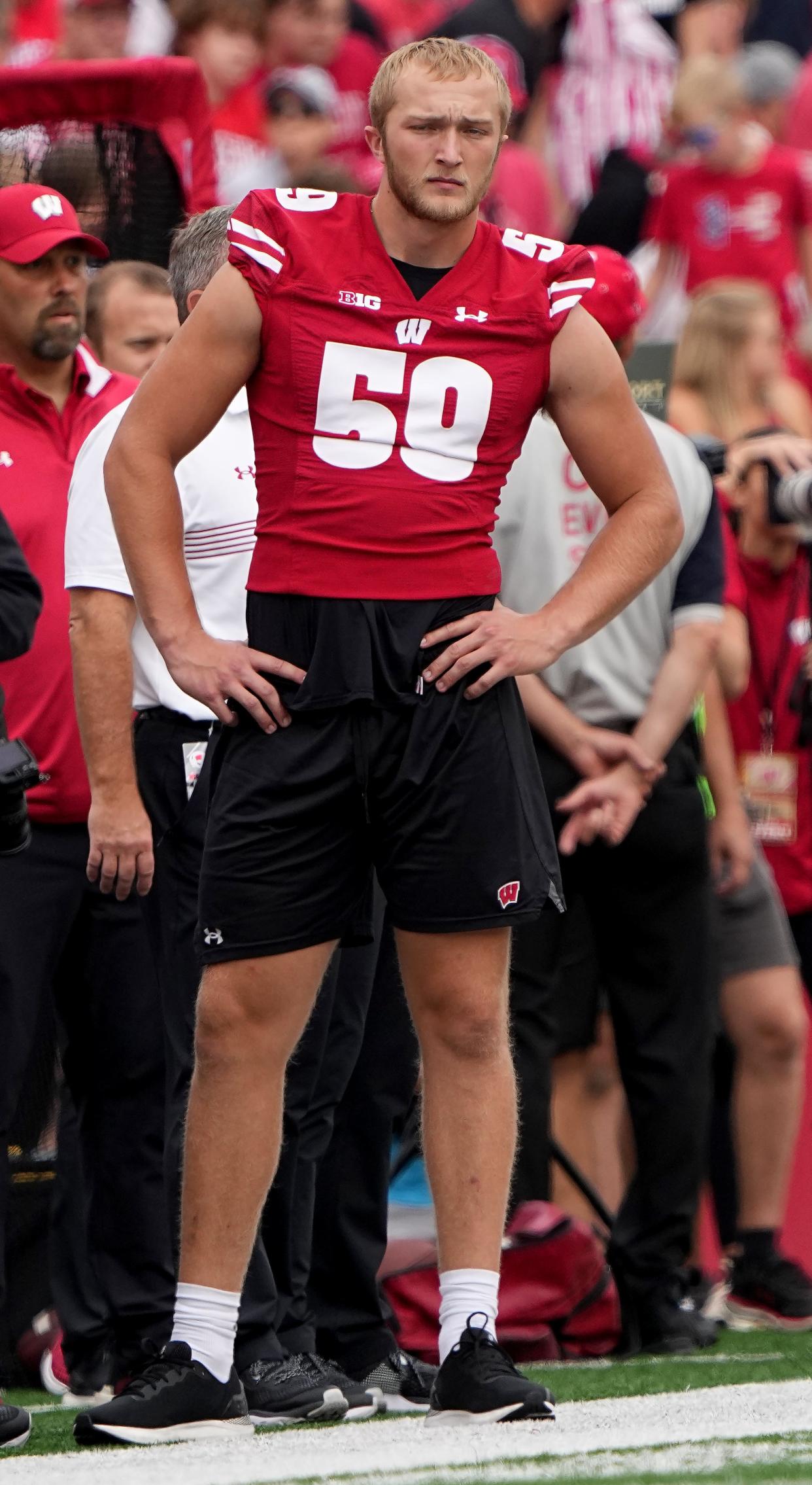 Wisconsin linebacker Aaron Witt watches from the sideline during a game against Georgia Southern on Sept. 26 last season.