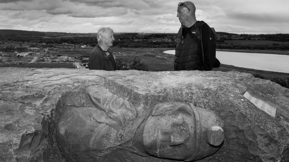 Ron Stoate and Alan Jones at Orgreave in front of a memorial to the former colliery