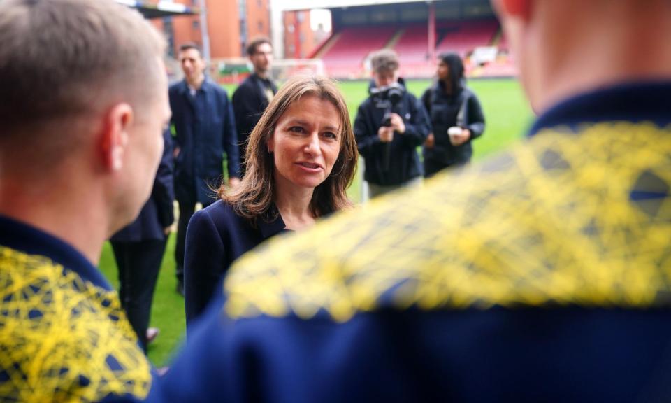 <span>Lucy Frazer, the secretary of state for culture, media, and sport, at Leyton Orient’s stadium in March, when the football governance bill was published.</span><span>Photograph: Victoria Jones/PA</span>