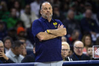 Notre Dame head coach Mike Brey watches as his team plays against Syracuse during the first half of an NCAA college basketball game on Saturday, Dec. 3, 2022 in South Bend, Ind. (AP Photo/Michael Caterina)