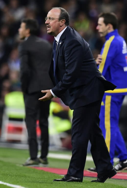 Real Madrid's coach Rafael Benitez, seen during their Spanish La Liga 'El Clasico' match against Barcelona, at the Santiago Bernabeu stadium in Madrid, on November 21, 2015