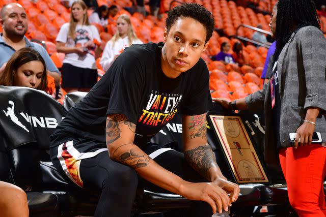 <p>Barry Gossage/NBAE via Getty</p> Brittney Griner with the Phoenix Mercury on May 21, 2023.