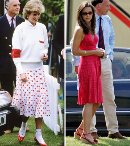 <div class="caption-credit"> Photo by: Anwar Hussein/Getty Images (Diana), Indigo/Getty I</div><div class="caption-title">One of these women hates polo, the other does not</div>Women didn't show as much skin in the '80s. Diana wears a polka-dot skirt, matching ankle socks, sweetheart pumps and an over-sized sweater to a Polo match in 1986. Middleton is slinky and sexy in tiny polka dots, sunglasses and casual wedges, also at a polo match.