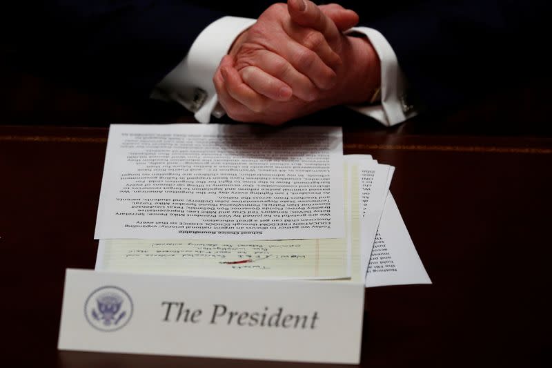 U.S. President Donald Trump delivers remarks during a meeting on education inside the Cabinet Room of the White House in Washington