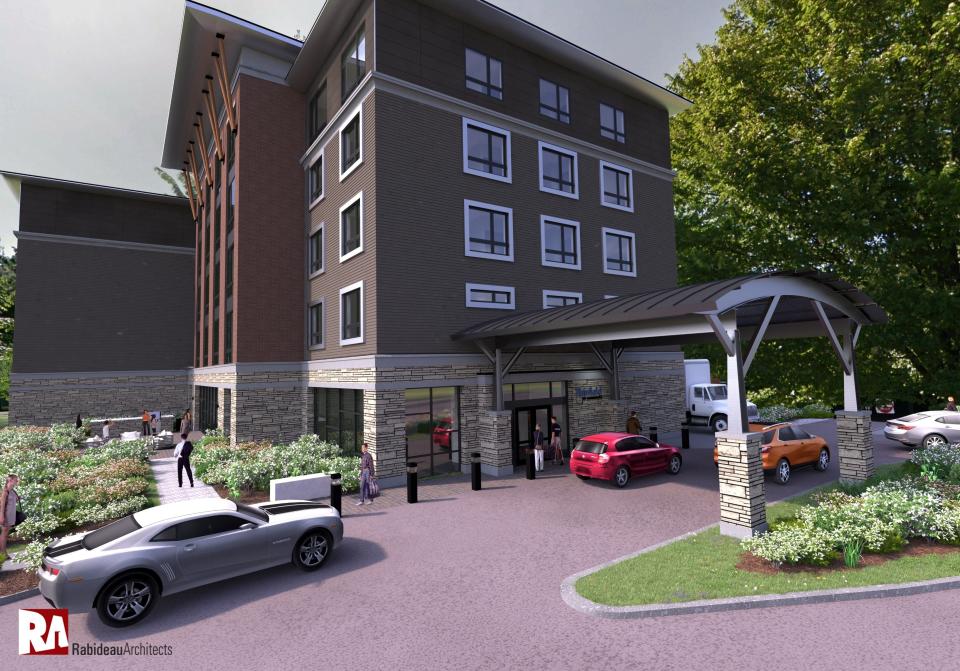 An early rendering of the hotel planned for Patrick Leahy Burlington International Airport, which will be next to the parking garage. Seven years have gone by since the hotel was first proposed in 2016, but construction may begin next year.