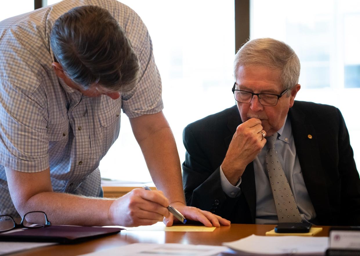 Jesús Garza speaks with Special Assistant to the Mayor Mark Littlefield in Garza's City Hall office last month. "When I was brought in, it was said, 'You need to evaluate the personnel and make the changes that are necessary,’ ” Garza told the Statesman. "And that's what I've done."