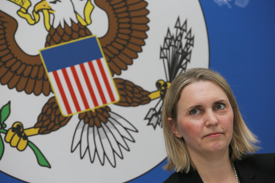 Deputy Assistant Secretary of State for European and Eurasian Affairs Bridget Brink at a press conference on February 7, 2018. / Credit: Aziz Karimov/Pacific Press/LightRocket via Getty Images