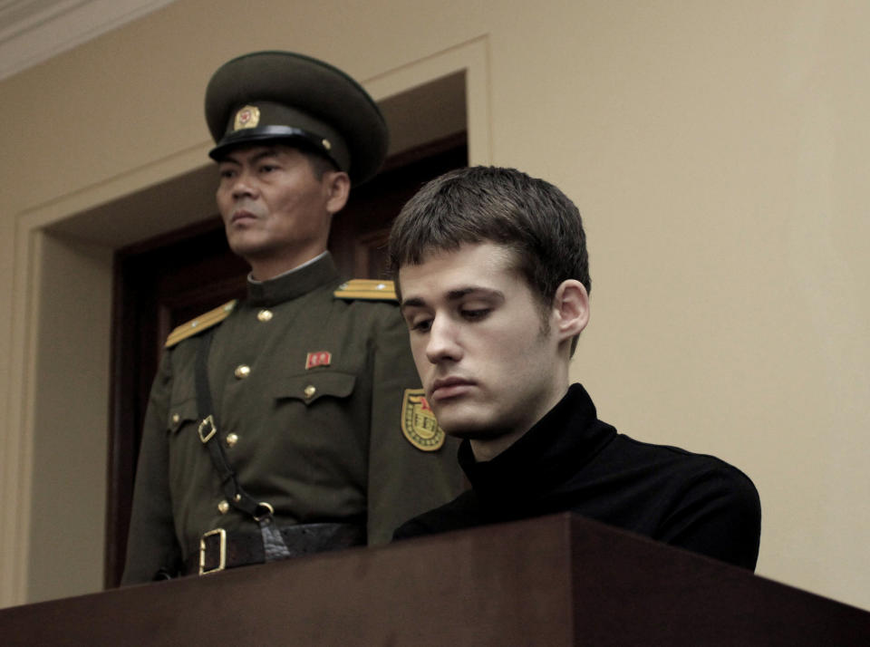 FILE - Matthew Miller, a U.S. citizen, sits on the dock at the Supreme Court during his trial in Pyongyang, North Korea on Sept. 14, 2014. (AP Photo/Kim Kwang Hyon, File)