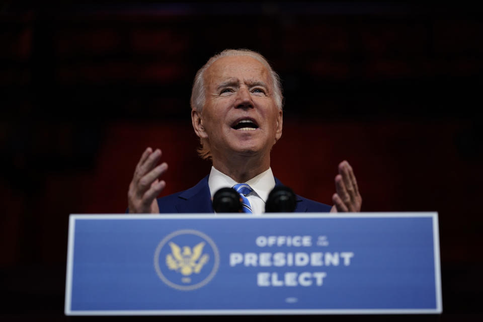 President-elect Joe Biden speaks at The Queen theater, Wednesday, Nov. 25, 2020, in Wilmington, Del. (AP Photo/Carolyn Kaster)