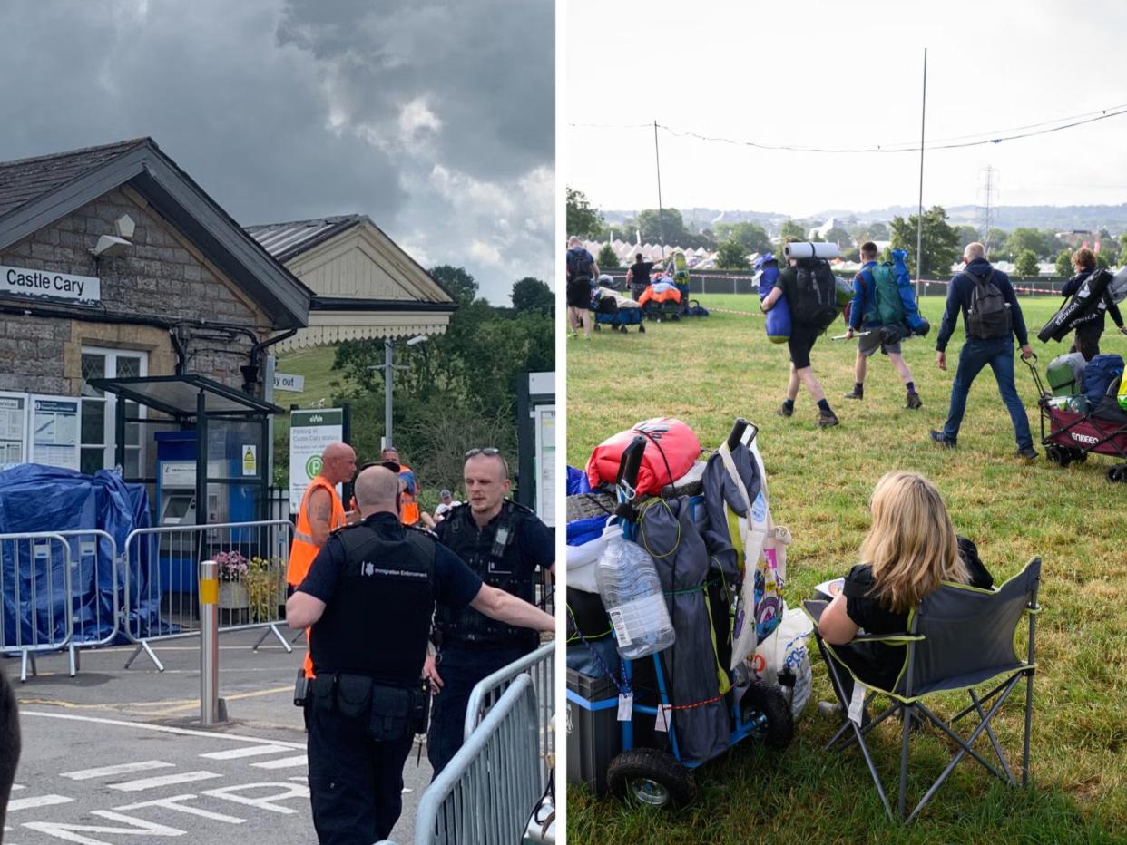 Immigration officers stand outside Castle Cary station, near the Glastonbury Festival site (Griff Ferris/Getty)