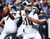 Sep 23, 2018; Los Angeles, CA, USA; Los Angeles Rams quarterback Jared Goff (16) throws a pass in the third quarter against the Los Angeles Chargers at Los Angeles Memorial Coliseum. Mandatory Credit: Robert Hanashiro-USA TODAY Sports