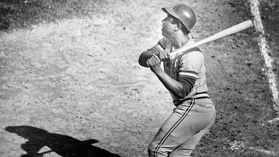 Milwaukee Brewers' Hank Aaron watches the flight of a hit off Boston Red Sox pitcher Bill Lee. The Boston Red Sox hosted the Milwaukee Brewers in a regular season MLB baseball game at Fenway Park in Boston on Sep. 14, 1975.