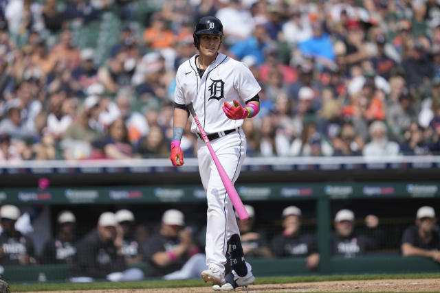Detroit Tigers' Nick Maton flips his bat after being hit by a Seattle Mariners relief pitcher Matt Brash pitch in the seventh inning of a baseball game, Sunday, May 14, 2023, in Detroit. (AP Photo/Paul Sancya)