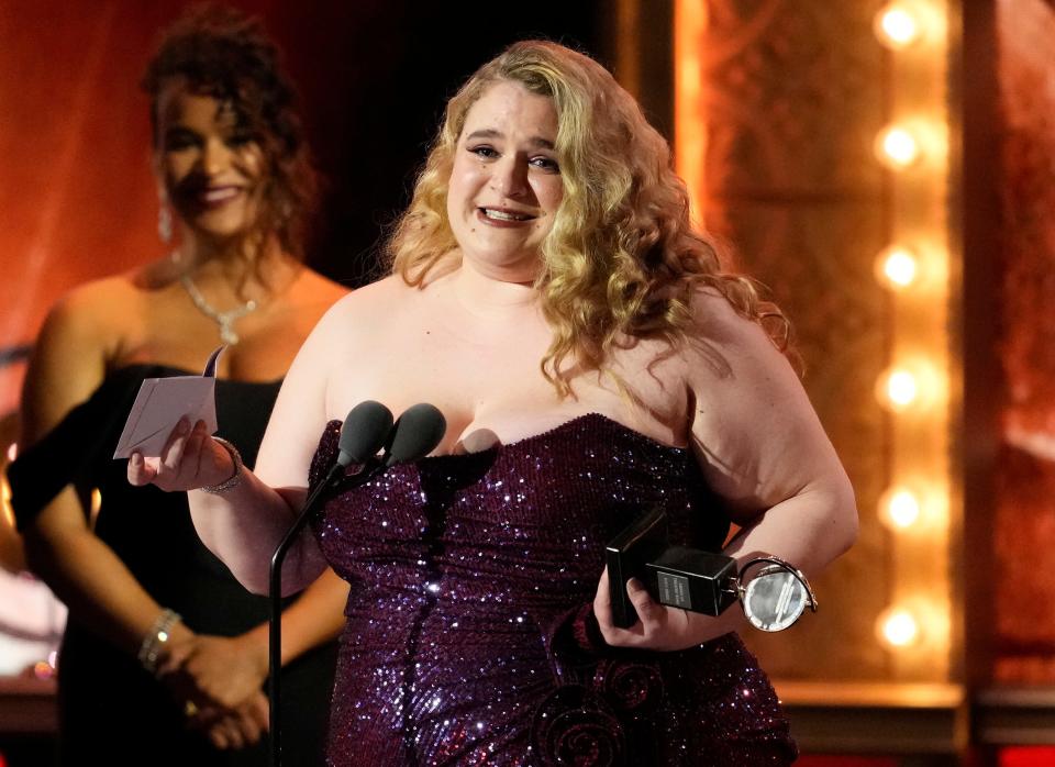 Bonnie Milligan accepts the award for best performance by an actress in a featured role in a musical for "Kimberly Akimbo" at the 76th annual Tony Awards on Sunday, June 11, 2023, at the United Palace theater in New York. (Photo by Charles Sykes/Invision/AP)