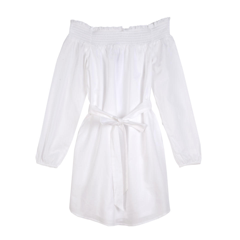 OFF-THE-SHOULDER WHITE SMOCKED TUNIC DRESS