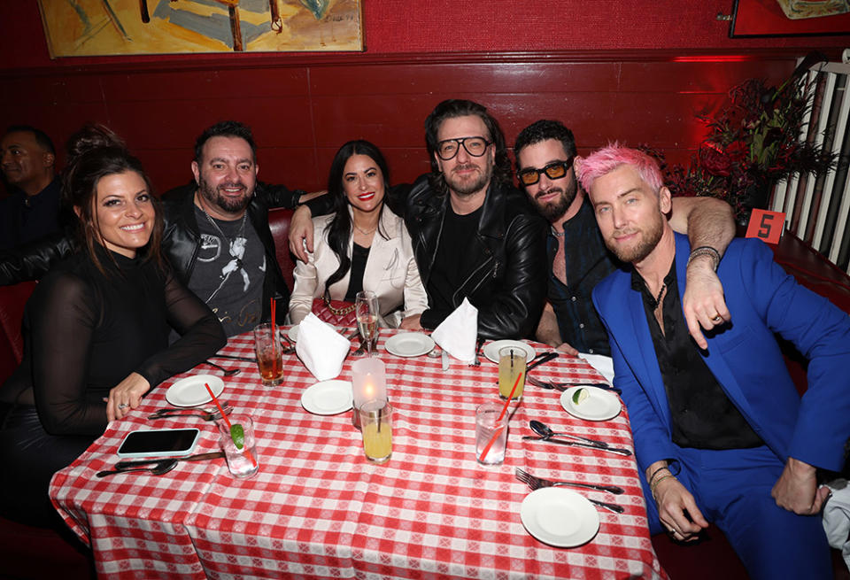 Karly Skladany, Chris Kirkpatrick, Jennifer HuYoung, JC Chasez, Michael Turchin and Lance Bass attend Justin Timberlake's EVERYTHING I THOUGHT IT WAS Album Release Party at Dan Tana's on March 14, 2024 in West Hollywood, California.