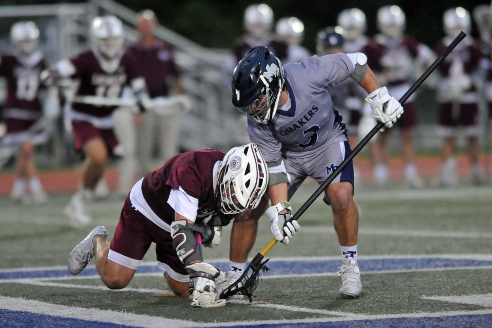 Anthony DiCenso, left, fights for possession during a match against Moses Brown last season.