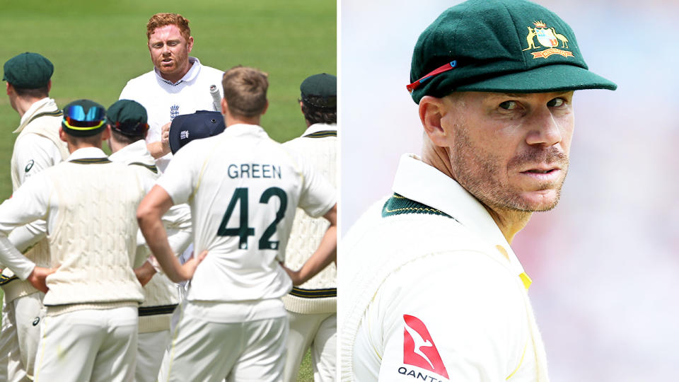 Jonny Bairstow speaks to the Australian team and David Warner reacts.