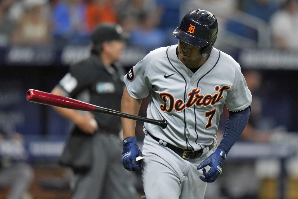 Detroit Tigers' Jonathan Schoop drops his bat after hitting a two-run home run off Tampa Bay Rays starting pitcher Corey Kluber during the fourth inning of a baseball game Monday, May 16, 2022, in St. Petersburg, Fla. (AP Photo/Chris O'Meara)