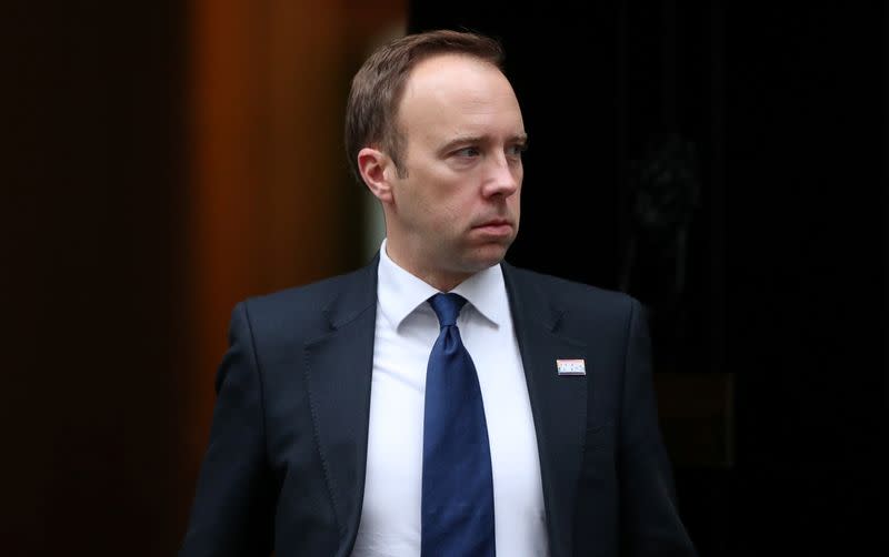 Britain's Health and Social Care Secretary Matt Hancock is seen outside Downing Street in London