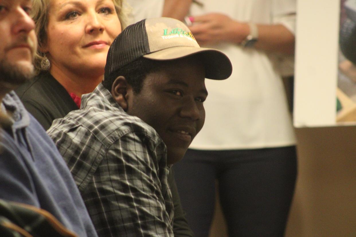 Treyvon Hoskins, 14, received surprise gifts for his landscaping business during a Howell City Council meeting Monday, April 22.