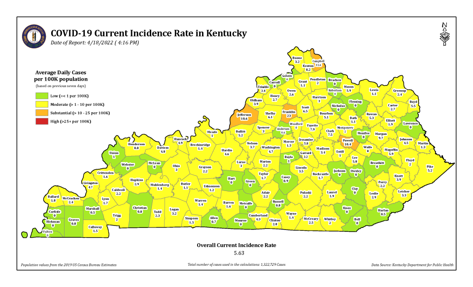 This map from the Kentucky Department for Public Health tracks incidence rates for COVID-19 in the state's 120 counties.