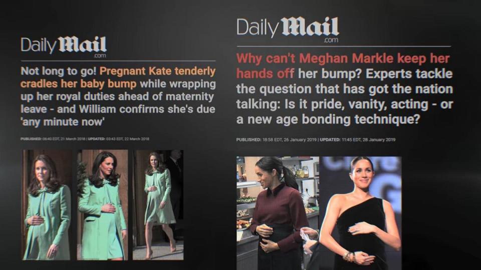 英國媒體極度雙標，凱特撫孕肚是溫柔，梅根就是刻意矯情。（翻攝Netflix）