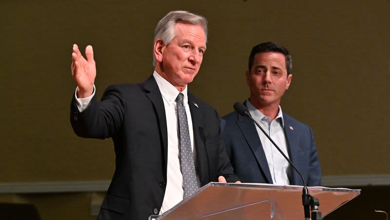 Alabama Sen. Tommy Tuberville endorses Riverton Mayor Trent Staggs in his U.S. Senate run during an election event in Layton at Faith Baptist Church on Friday, March 15, 2024.