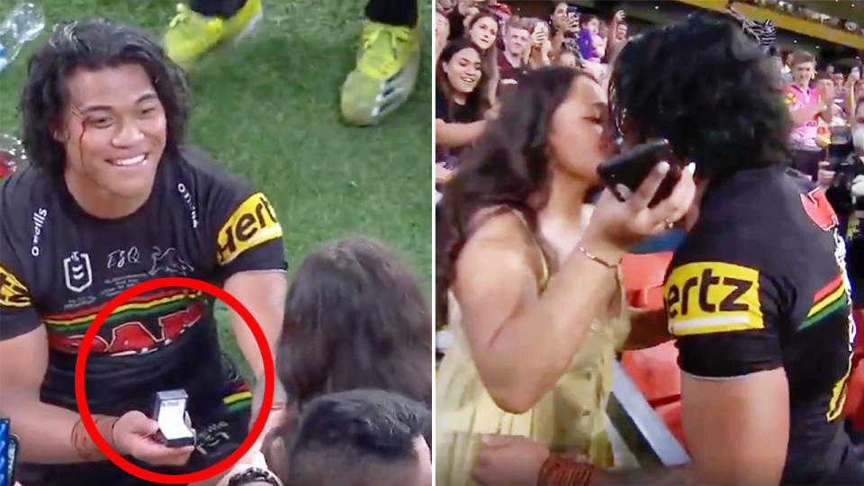 Seen here, Brian To'o proposes to his partner after Penrith's grand final victory.