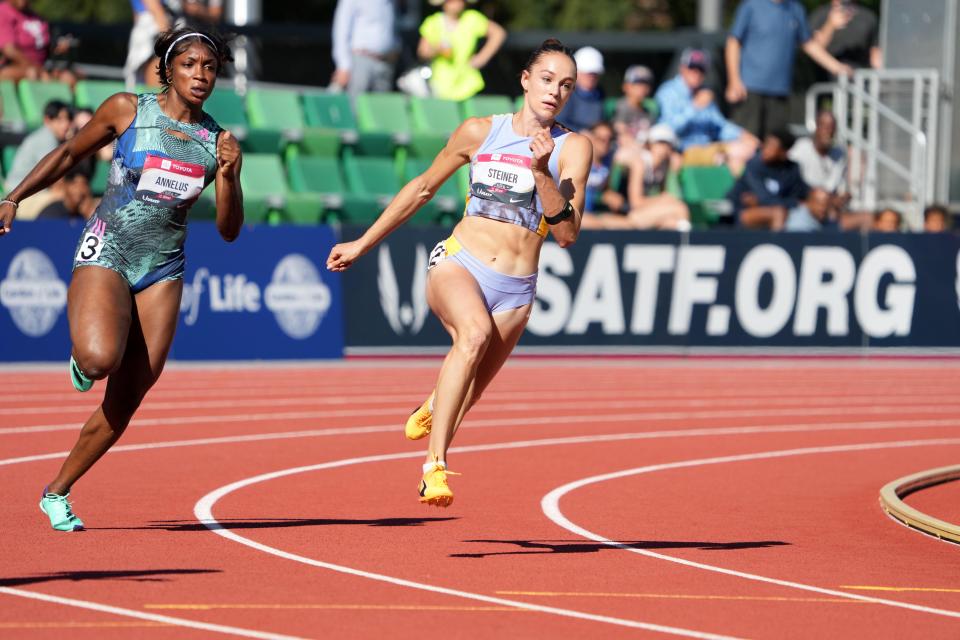 Abby Steiner races in the 200m at the USA Track & Field Championships.