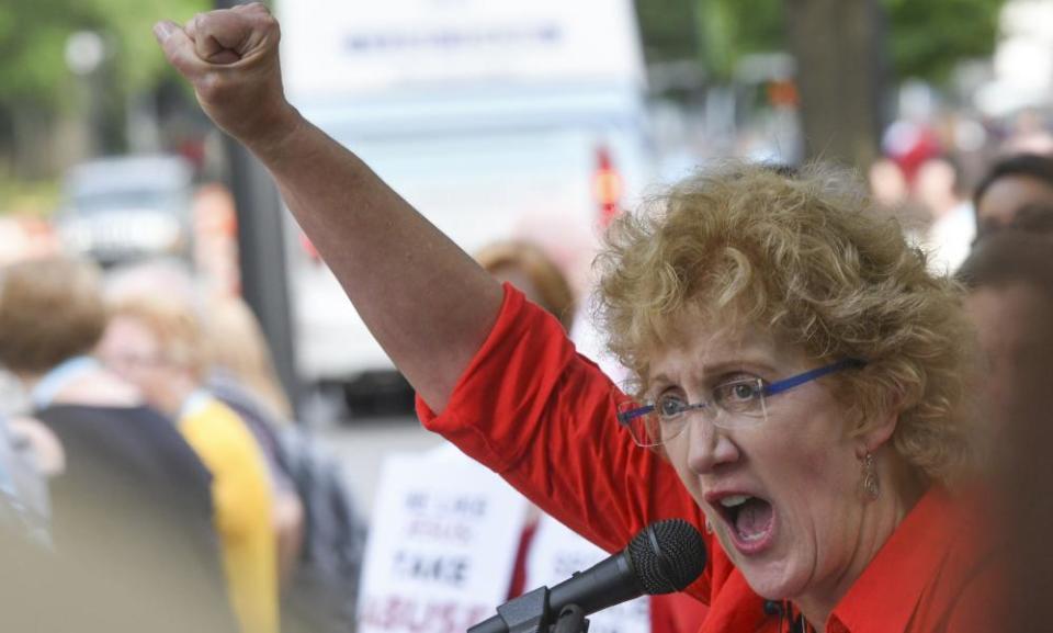 Christa Brown speaks during a rally in Birmingham, Alabama, outside the Southern Baptist Convention’s annual meeting in 2019.