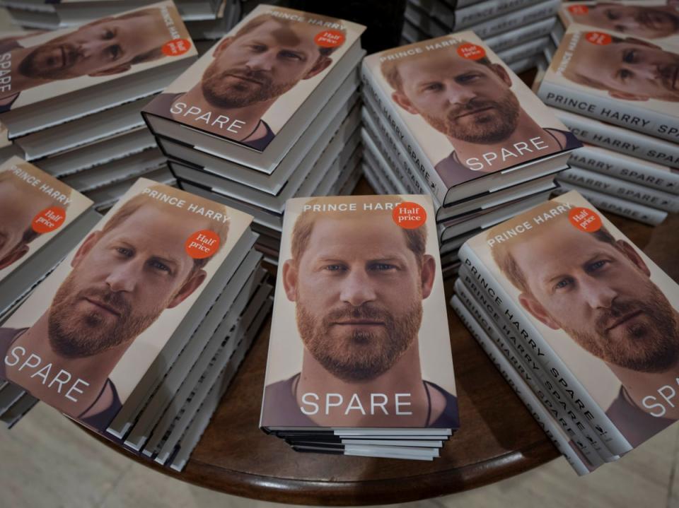 Copies of the new book by Prince Harry called “Spare” are displayed at a book store in London ((AP Photo/Kin Cheung))