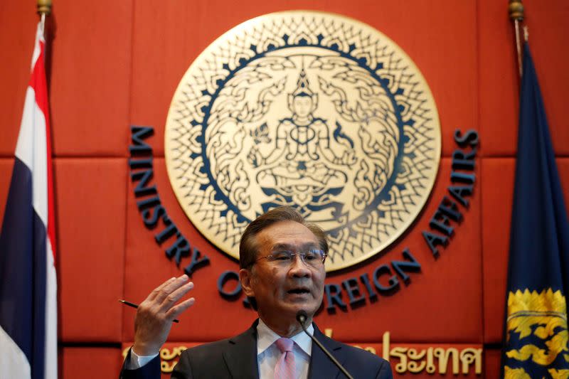 FILE PHOTO: Thailand's Foreign Minister Don Pramudwinai gestures during a press conference in Bangkok