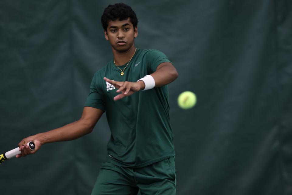 Mason player Vignesh Gogineni competes in a singles match during the OHSAA state tournament, Friday, May 27, 2022.