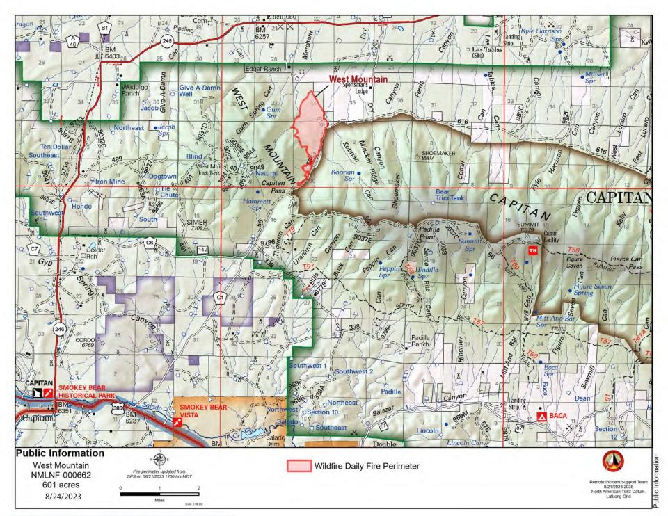 A map of the West Mountain Fire that started on August 6, 2023, from a lightning strike and has now burned 600 acres of land as fire crews monitor the burn to clear build up and fallen debris.