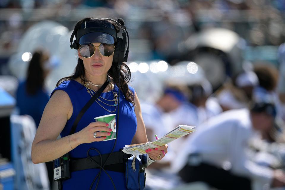 Indianapolis Colts co-owner Carlie Irsay-Gordon created a fellowship dedicated to the development of women NFL coaches. Here, she watches from the sideline during a game against the Jacksonville Jaguars, Sunday, Oct. 15, 2023, in Jacksonville, Fla.