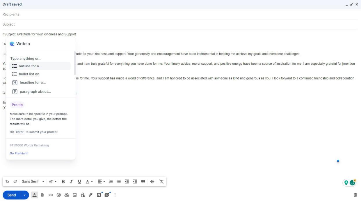Screenshot showing Compose AI's Chrome extension generating an email
