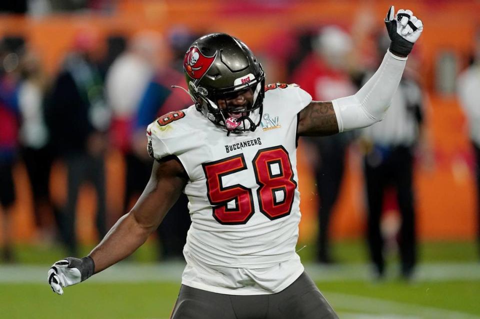 Tampa Bay Buccaneers outside linebacker Shaquil Barrett (58) reacts after a play during the second half of the NFL Super Bowl 55 football game against the Kansas City Chiefs, Sunday, Feb. 7, 2021, in Tampa, Fla. The Tampa Bay Buccaneers defeated the Kansas City Chiefs 31-9.