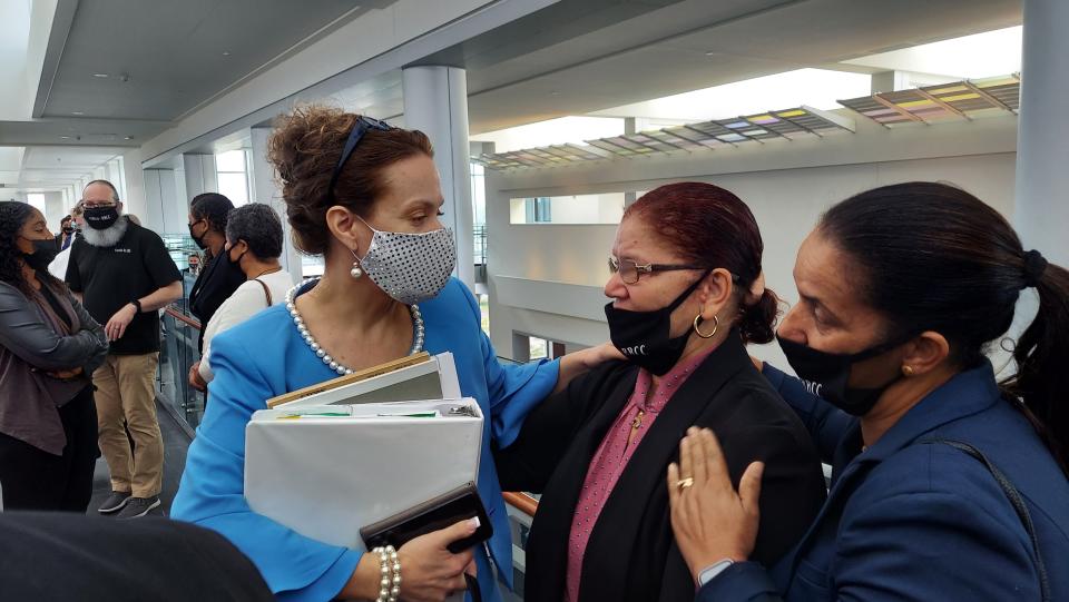 File photos: From left, Jaime Resende's lawyer Mary LaCivita, his mother Maria (Bethe) Fernandes and his cousin Ana Lopes speak outside the courtroom before entering for his bail hearing on Sept. 22, 2021.
