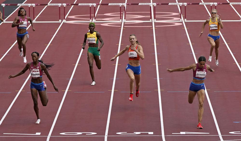 Sydney Mclaughlin, of United States wins the gold medal in the final of the the women’s 400-meter hurdles ahead of Dalilah Muhammad, of United States, silver, and Femke Bol, of Netherlands, bronze, at the 2020 Summer Olympics, Wednesday, Aug. 4, 2021, in Tokyo, Japan. (AP Photo/Charlie Riedel)