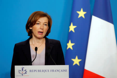 French Minister of the Armed Forces Florence Parly makes an official statement with French Minister for Foreign Affairs Jean-Yves Le Drian (not pictured) in the press room at the Elysee Palace, in Paris, France, April 14, 2018. Michel Euler/Pool via Reuters