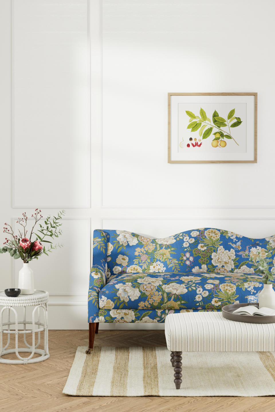 <p> If all-over chintz and the cottagecore aesthetic is too full-on for your taste, but you don&apos;t want to forgo florals altogether, consider brining in single piece that will provide the botanical fix. </p> <p> In this simple space, with white walls and a wooden floor, the sofa really stands out. It&apos;s upholstered in a fabric from the new Water Garden Collection at Sanderson. Complemented with a botanical print above and a bouquet of fresh blooms at the side, it&apos;s a masterclass in making a subtle statement with your country decorating ideas.&#xA0; </p>