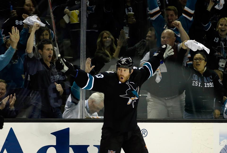 SAN JOSE, CA - APRIL 20: Raffi Torres #13 of the San Jose Sharks celebrates after he scored a goal in the second period of their game against the Los Angeles Kings in Game Two of the First Round of the 2014 NHL Stanley Cup Playoffs at SAP Center on April 20, 2014 in San Jose, California. (Photo by Ezra Shaw/Getty Images)