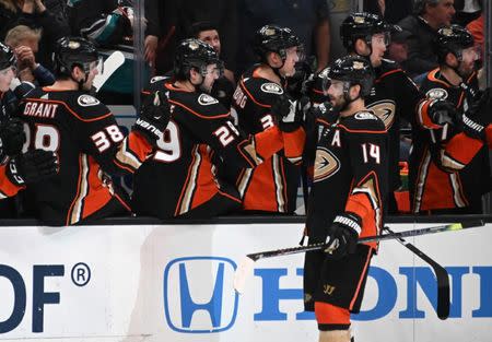 Feb 17, 2019; Anaheim, CA, USA; Anaheim Ducks center Adam Henrique (14) celebrates with teammates after a goal against the Washington Capitals in the third period at Honda Center.The Ducks defeateed the Capitals 5-2. Mandatory Credit: Kirby Lee-USA TODAY Sports