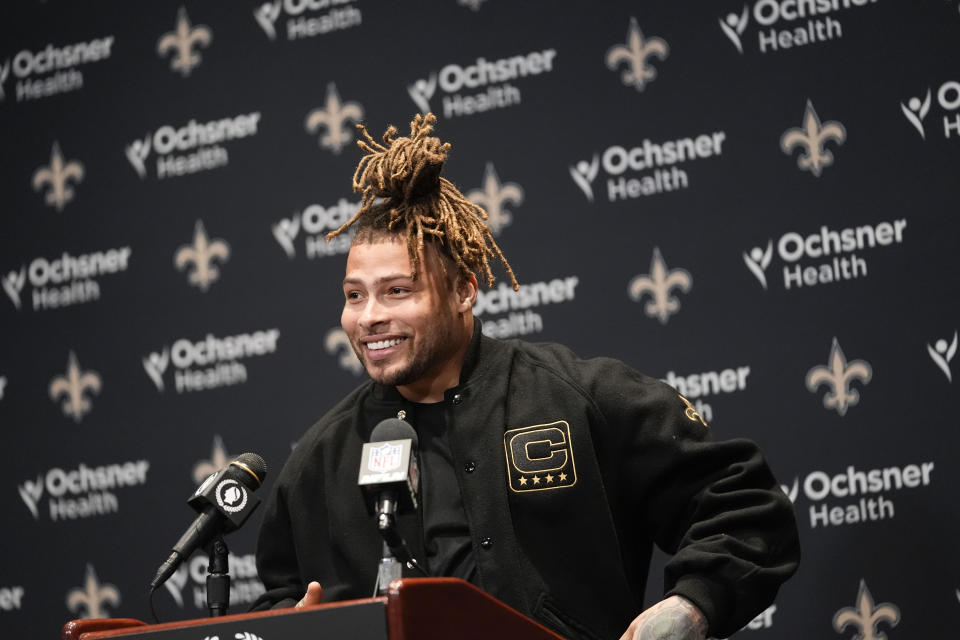 New Orleans Saints safety Tyrann Mathieu talks to reporters after an NFL football game against the Atlanta Falcons in New Orleans, Sunday, Jan. 7, 2024. (AP Photo/Gerald Herbert)