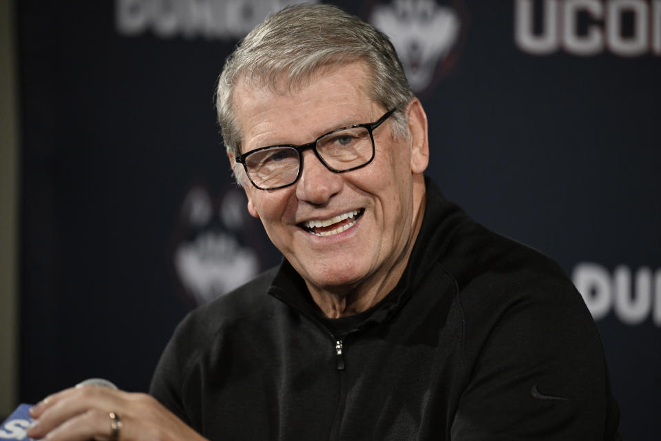 UConn coach Geno Auriemma smiles after gaining his 1,200th career win, following the team's NCAA college basketball game against Seton Hall on Wednesday, Feb. 7, 2024, in Hartford, Conn. (AP Photo/Jessica Hill)