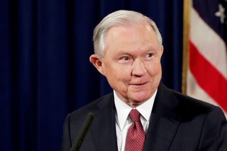 FILE PHOTO: U.S. Attorney General Jeff Sessions speaks at a news conference to address the Deferred Action for Childhood Arrivals (DACA) program at the Justice Department in Washington, U.S., September 5, 2017. REUTERS/Yuri Gripas/File Photo